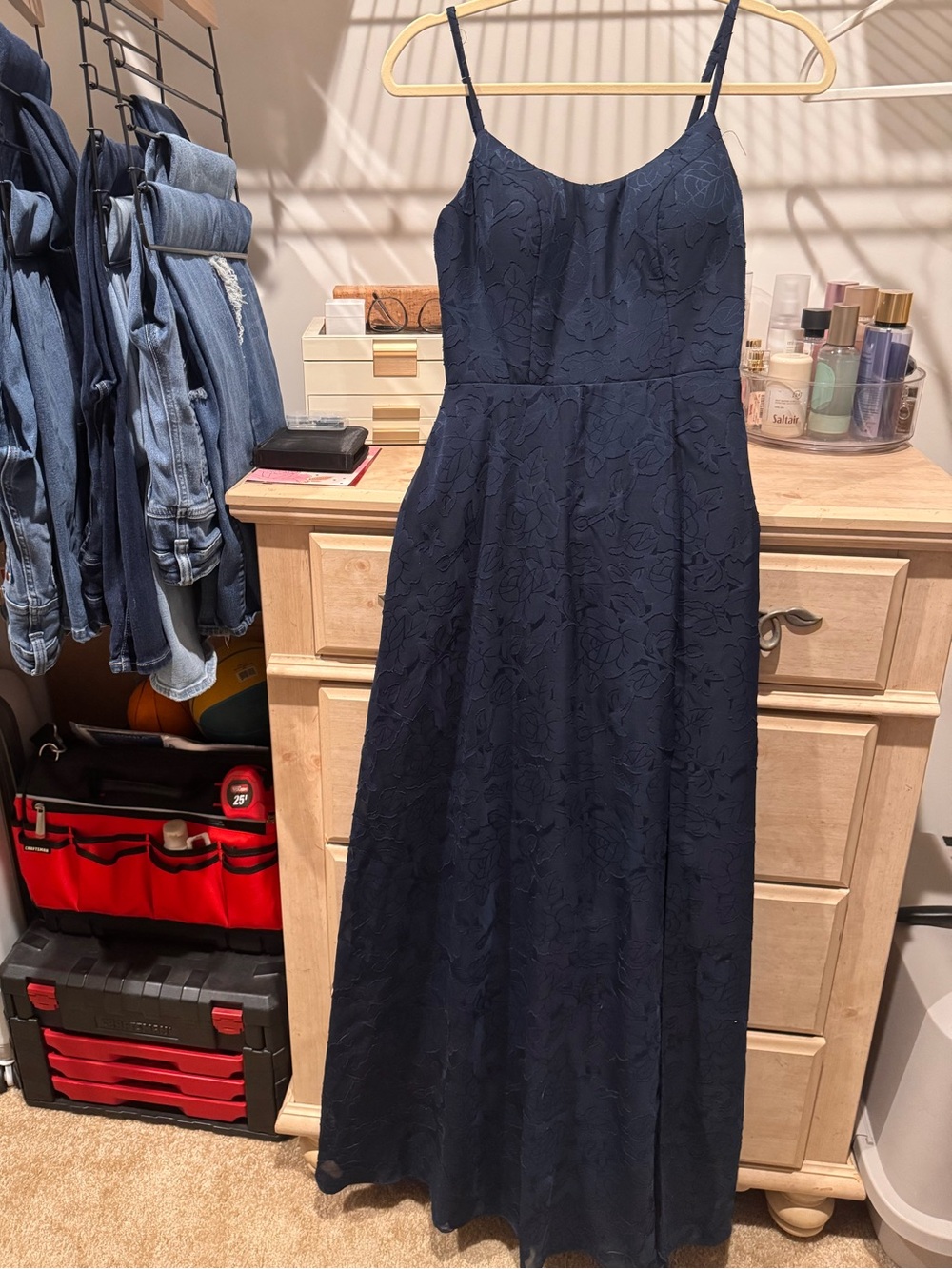 Azazie Navy Floral Lace Maxi Dress with Spaghetti Straps